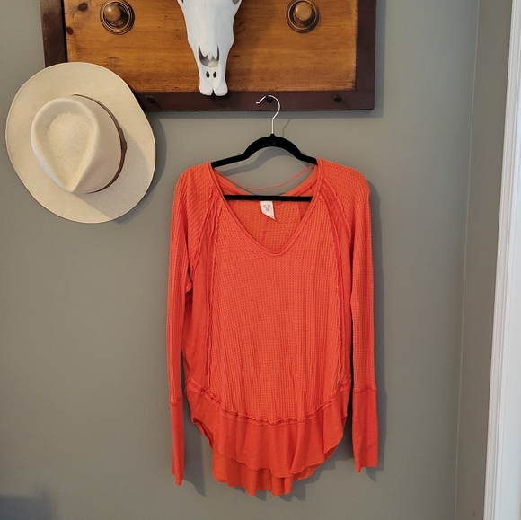 Free People Catalina Orange Thermal Oversized Waffle Knit Top Size S - Picture 2 of 12
